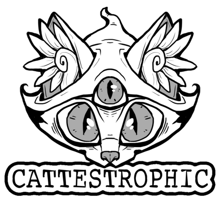 A greyscale headshot illustration of Catte, a three-eyed cat with a hood over their head. They stare forward. Below them is text